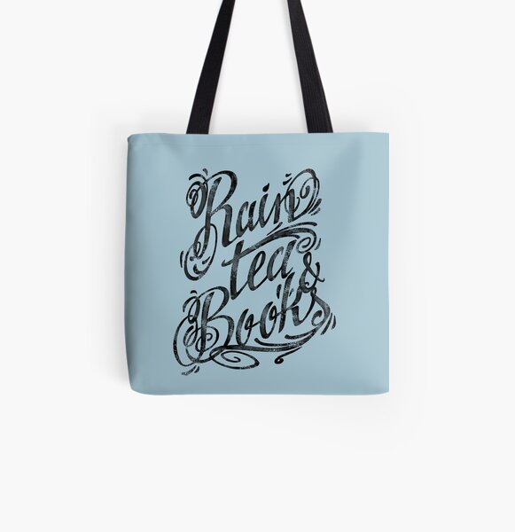 Rain, Tea, Books -lettering only- All Over Print Tote Bag