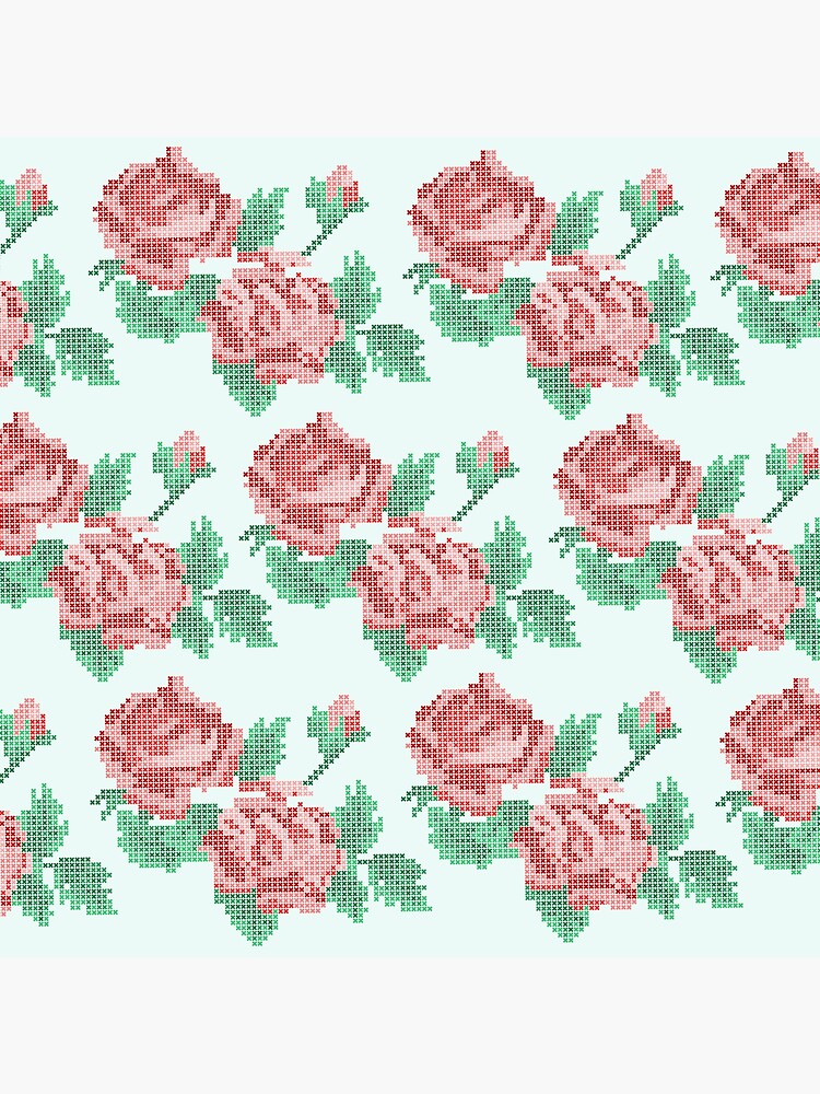 “Cute Cross Stitch Roses on Blue Background” Poster by kapotka | Redbubble
