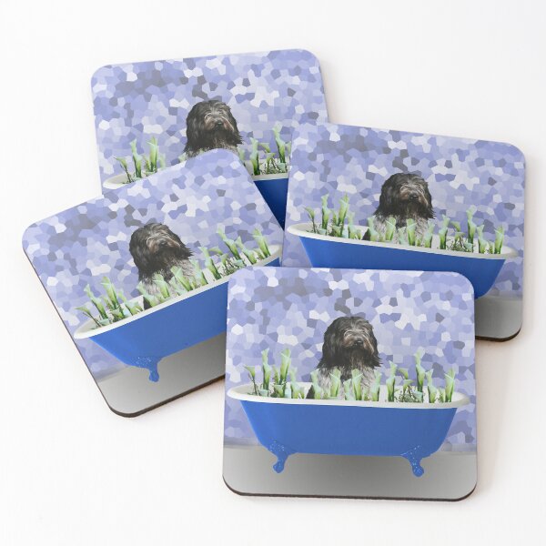 Item preview, Schapendoes dog in bathtub with grape calla flowers designed and sold by Move-Art.
