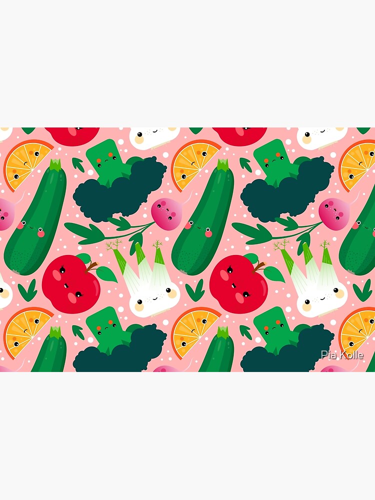 Kawaii Illustrationsmuster mit Gemüse und Früchten wie Zucchini, Apfel, Orange und Fenchel von Piakolle