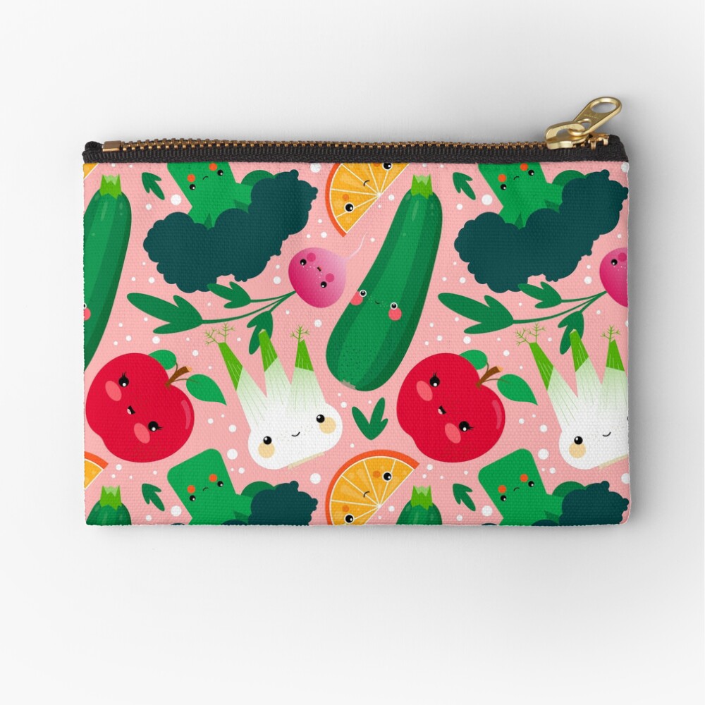 Kawaii Illustrationsmuster mit Gemüse und Früchten wie Zucchini, Apfel, Orange und Fenchel Täschchen