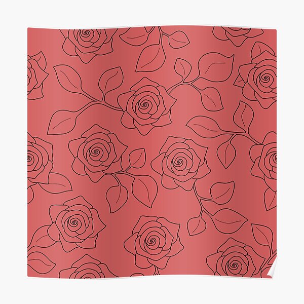 Roses Line Art Pattern On Punch Pink Poster For Sale By Nutmegfairy