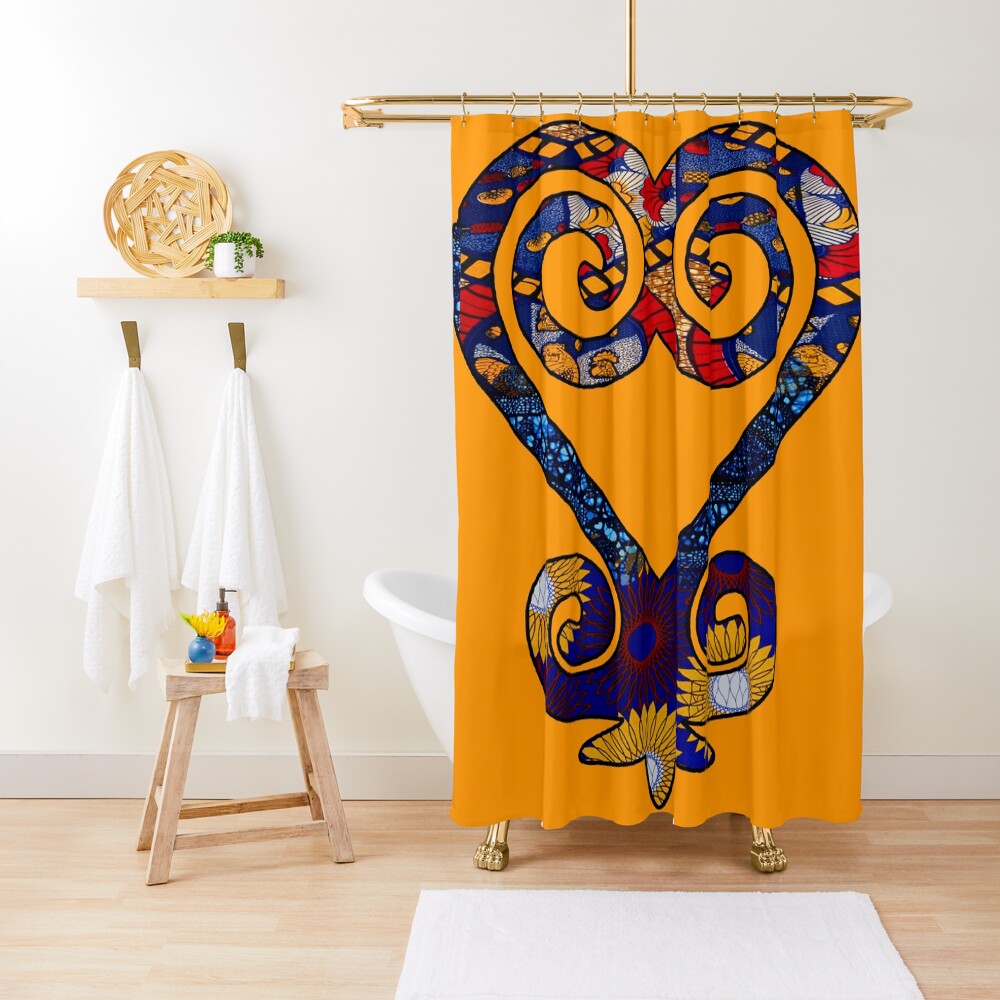 "Primary Color Floral African Print Sankofa Heart" Shower Curtain for