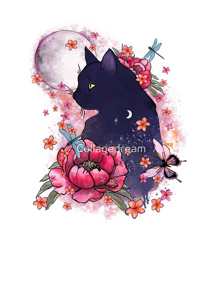 T Shirt Enfant Tatouage Aquarelle De Fleurs De Chat Noir Par Collagedream Redbubble