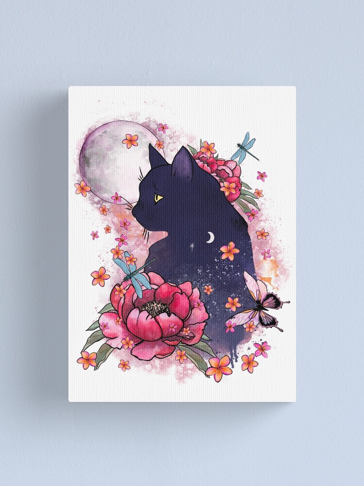 Impression Sur Toile Tatouage Aquarelle De Fleurs De Chat Noir Par Collagedream Redbubble