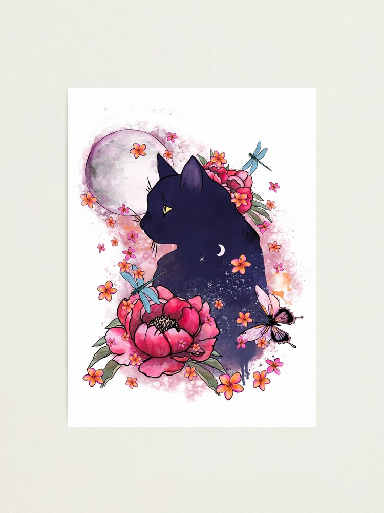 Fotodruck for Sale mit Schwarze Katze Blumen Aquarell Tattoo von  Collagedream