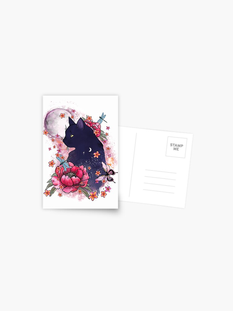 Carte Postale Tatouage Aquarelle De Fleurs De Chat Noir Par Collagedream Redbubble