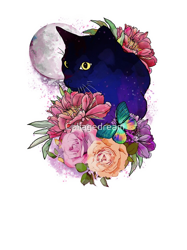 schwarze katze blumen aquarell tattoo kinder t shirt von collagedream redbubble