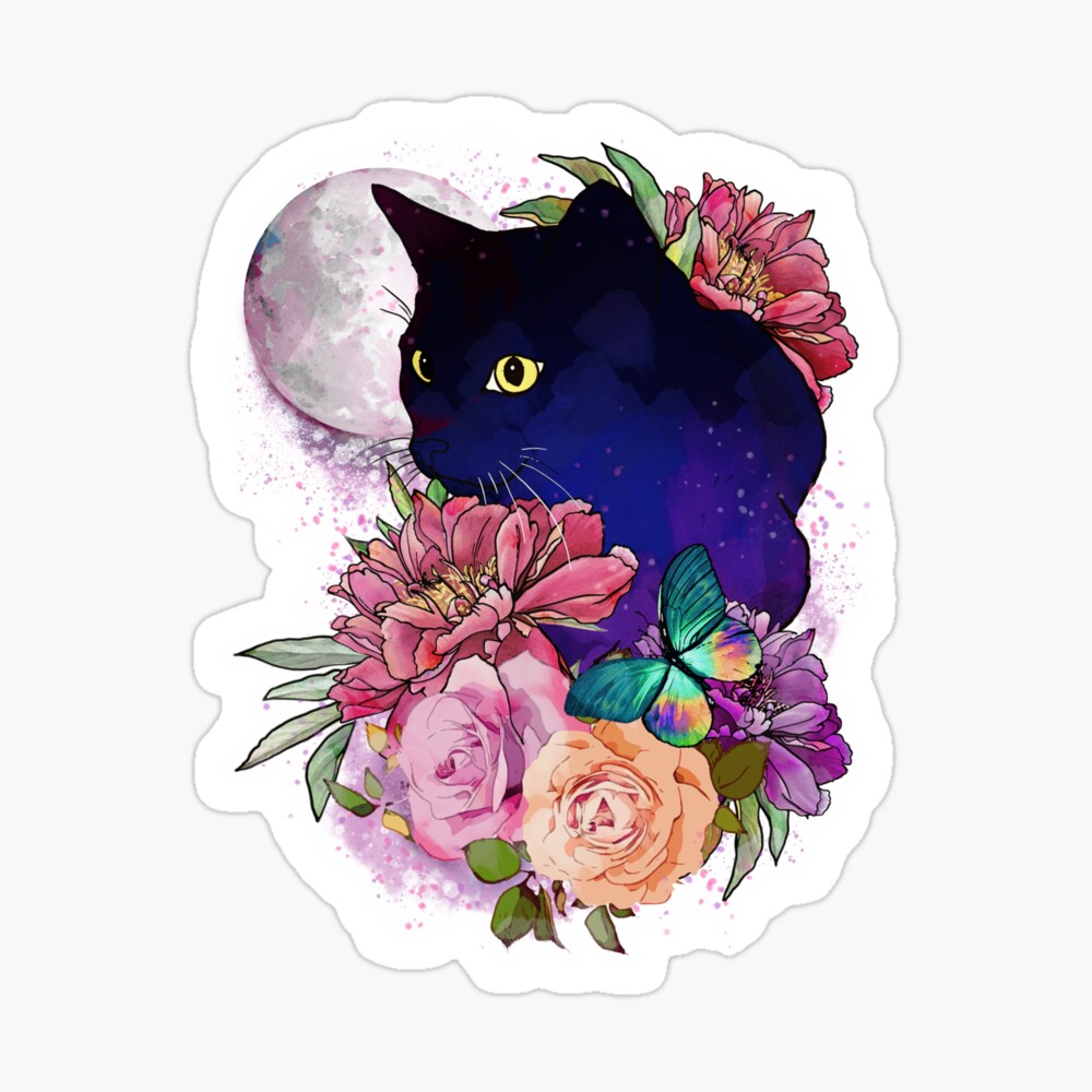 Carte De Vœux Tatouage Aquarelle De Fleurs De Chat Noir Par Collagedream Redbubble