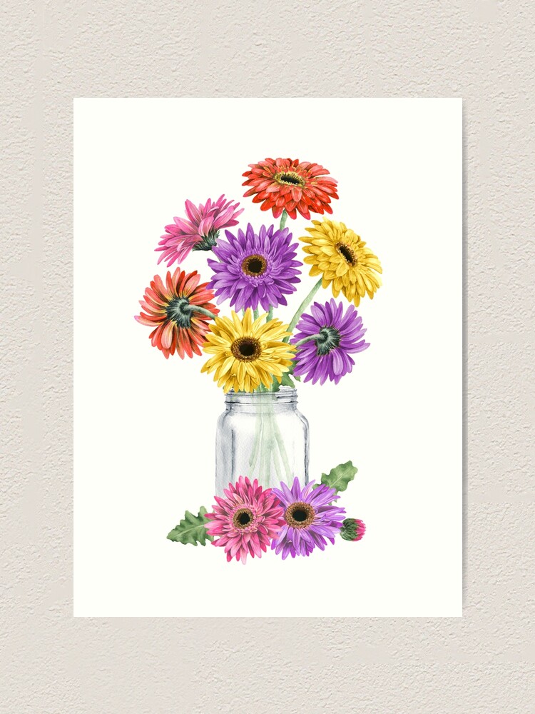 " Watercolor Multicolor Gerbera Daisy Mason Jar" Art Print by