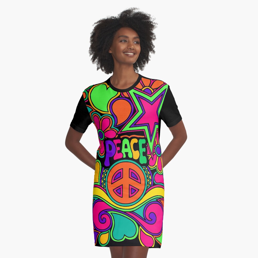 Pretty Pink n Colorful Hippy Trippy Design Graphic T-Shirt Dress