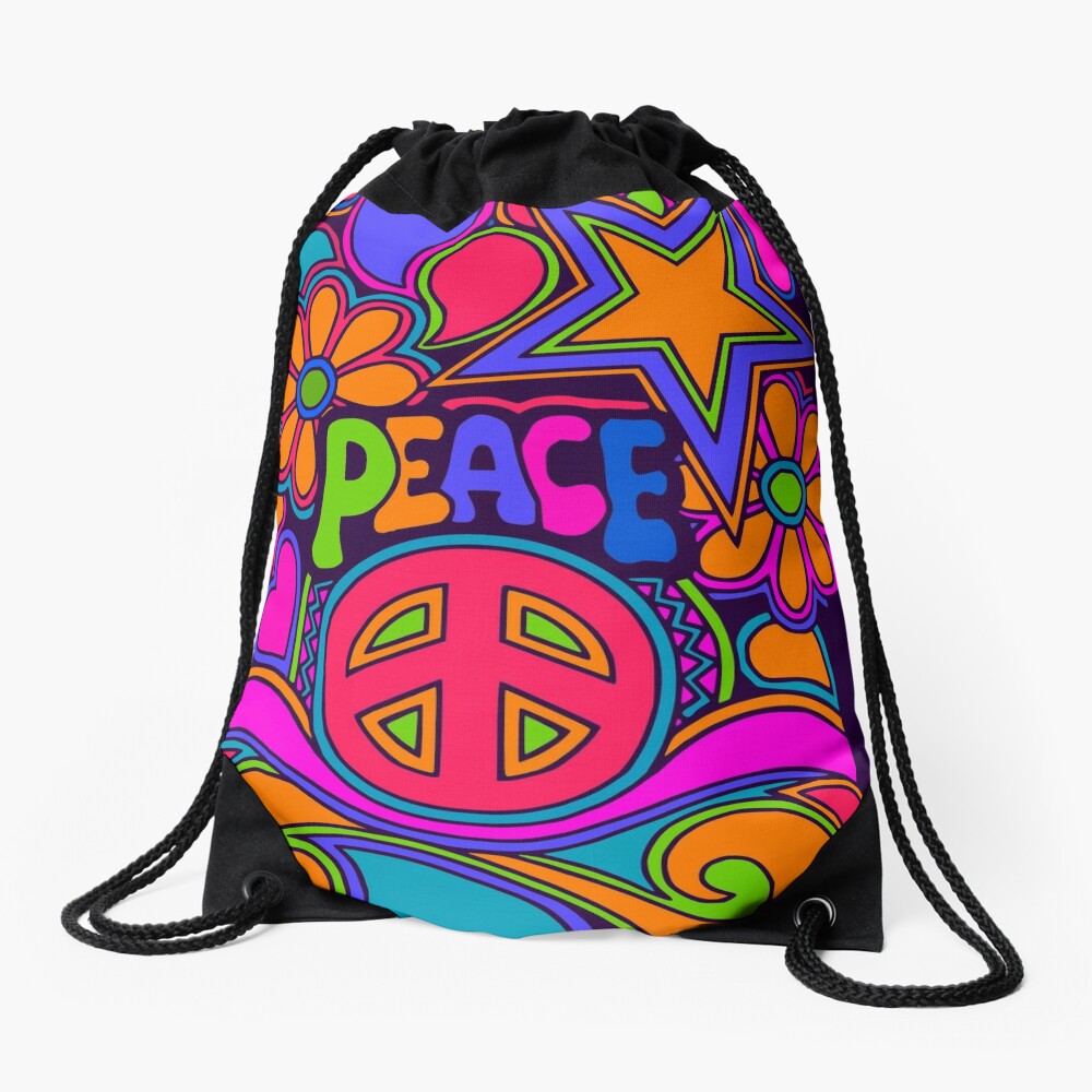 Fun and Funky Flower Power Peace and Love Hippy Art Drawstring Bag