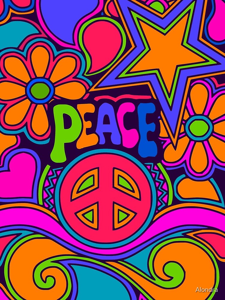 Fun and Funky Flower Power Peace and Love Hippy Art by Alondra