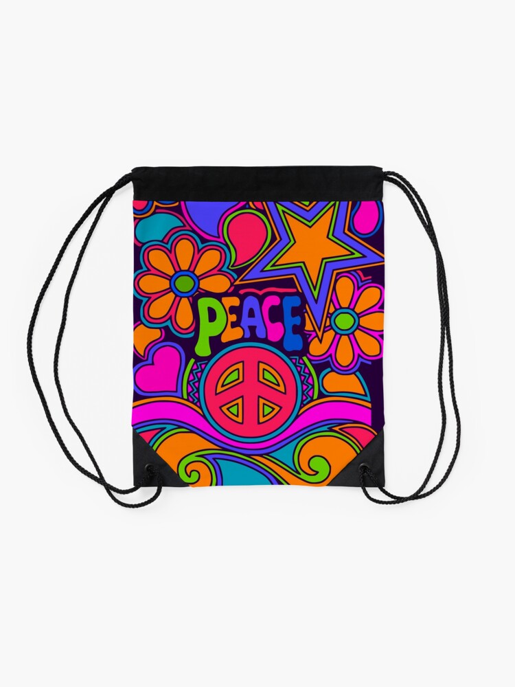 Alternate view of Fun and Funky Flower Power Peace and Love Hippy Art Drawstring Bag