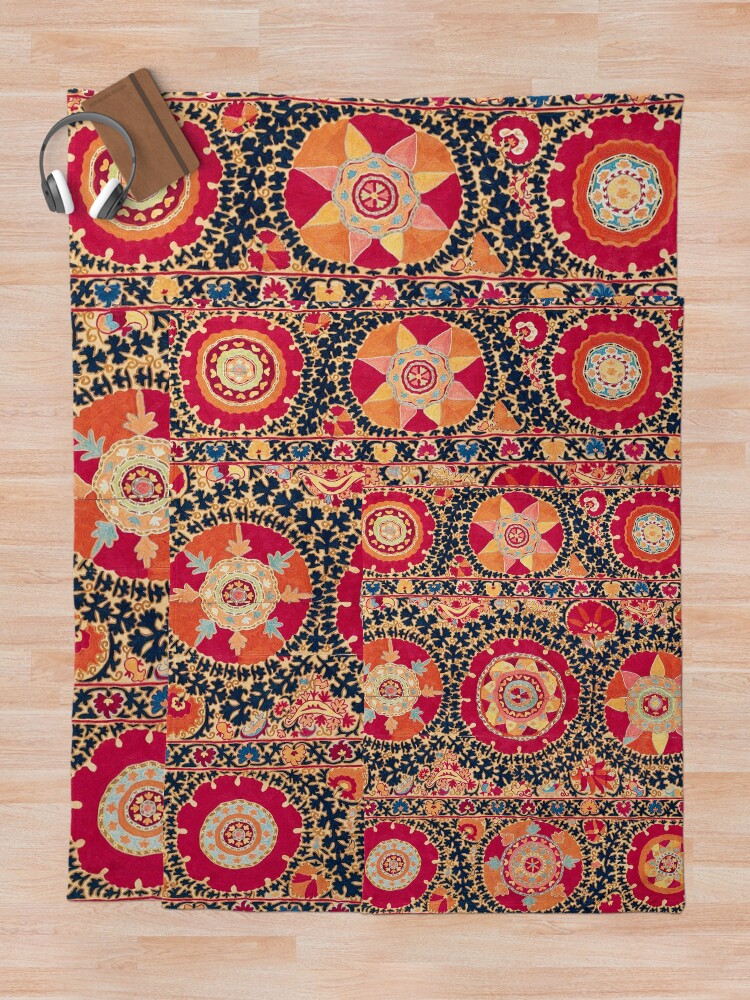 Thumbnail 5 of 6, Throw Blanket, Kermina Suzani Uzbekistan Floral Embroidery Print designed and sold by Vicky Brago-Mitchell®.