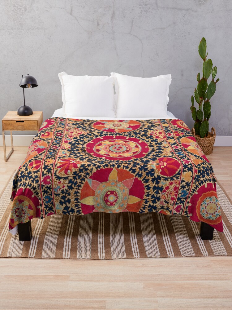 Thumbnail 1 of 6, Throw Blanket, Kermina Suzani Uzbekistan Floral Embroidery Print designed and sold by Vicky Brago-Mitchell®.