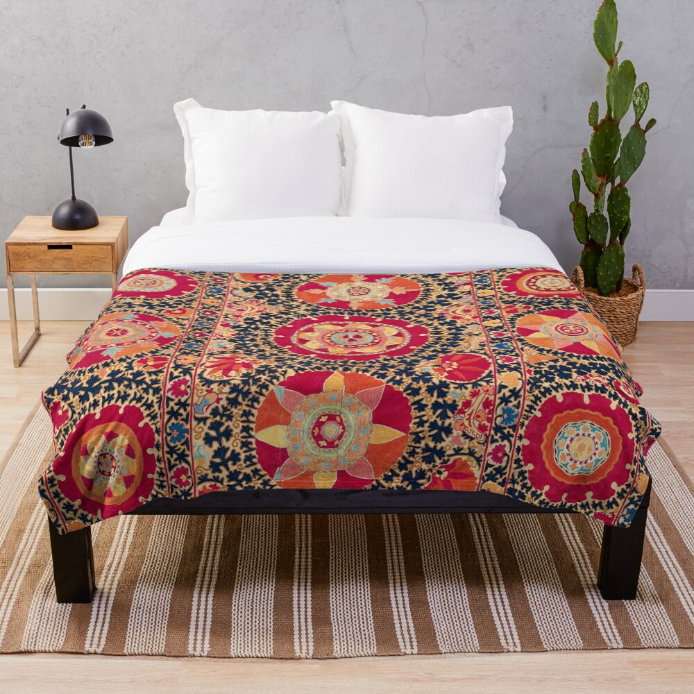 Kermina Suzani Uzbekistan Floral Embroidery Print Throw Blanket