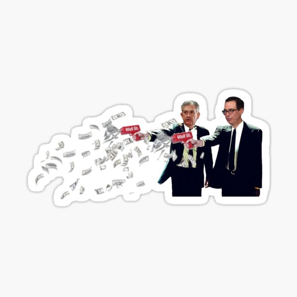 Jerome Powell And Steve Mnuchin Printing Money Pulp Fiction Style Sticker By Hrbooms Redbubble