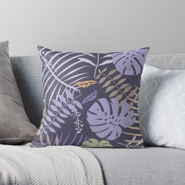 Tropical Leaf Floral Pattern Purple and Light Green Pastel Colors Tones Throw Pillow