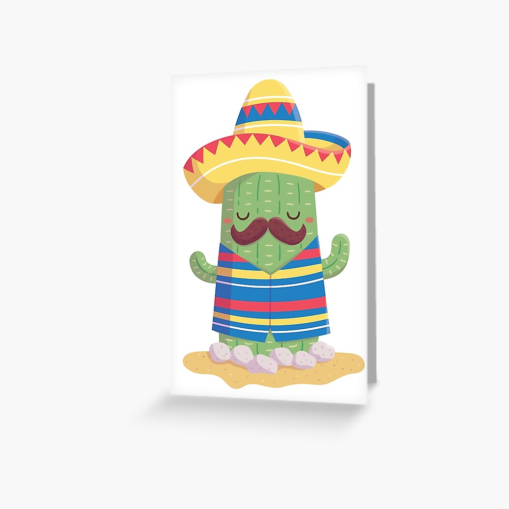 Mexican Cactus With Moustache And Sombrero Hat Greeting Card By Rustydoodle Redbubble