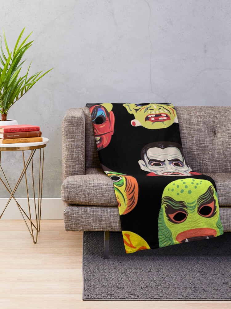 Thumbnail 2 of 6, Throw Blanket, Vintage Halloween Masks designed and sold by Zeldaxlove86.