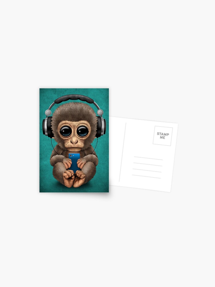 Cute Baby Monkey With Cell Phone Wearing Headphones Blue iPhone Case by  Jeff Bartels