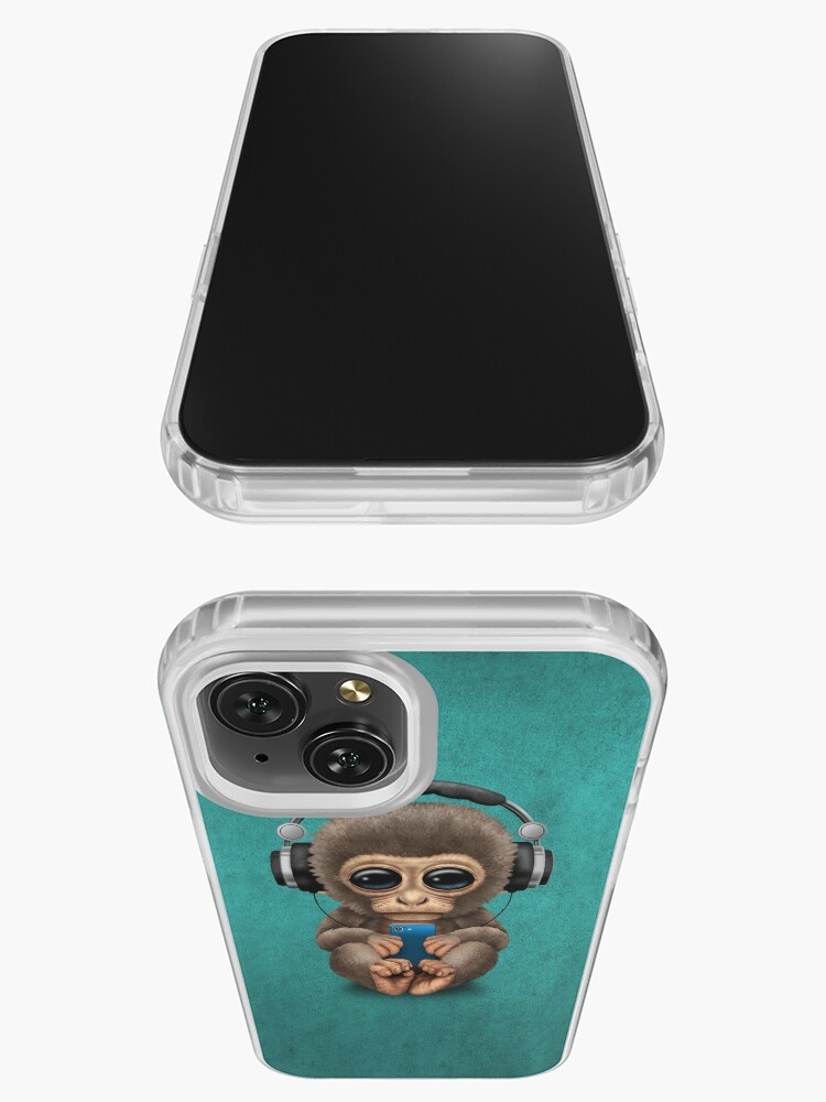 Cute Baby Monkey With Cell Phone Wearing Headphones Blue iPhone Case by  Jeff Bartels