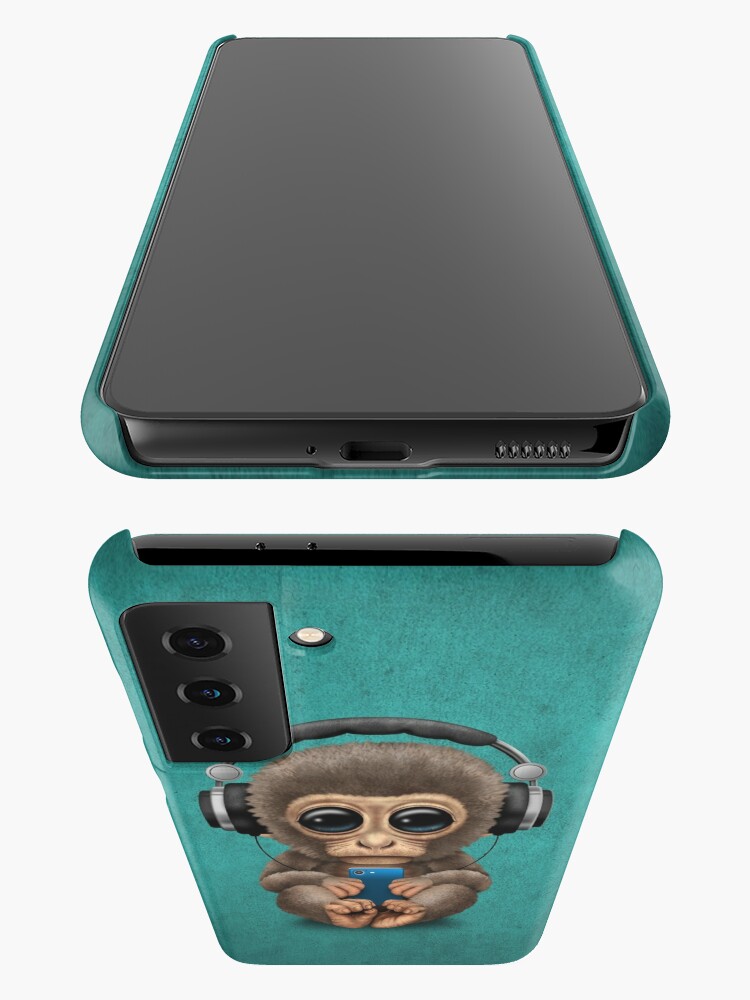Cute Baby Monkey With Cell Phone Wearing Headphones Blue iPhone Case by  Jeff Bartels