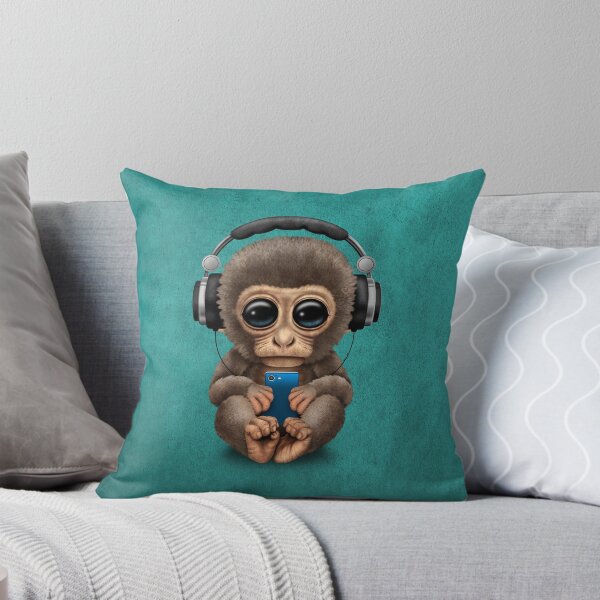 Item preview, Cute Baby Monkey With Cell Phone Wearing Headphones Blue designed and sold by JeffBartels.