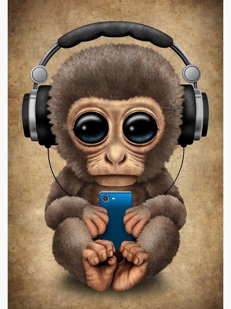 Cute Baby Monkey With Cell Phone Wearing Headphones Art Print By