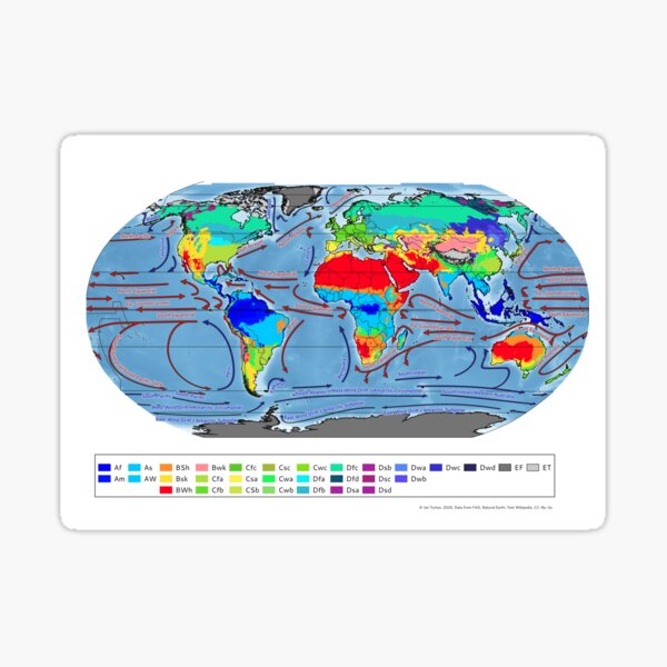 Map of Koppen Climate Zones and Ocean Currents Sticker