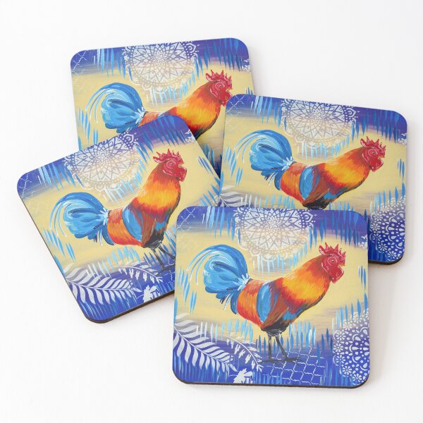 Item preview, Rooster on Canvas with Blue abstract designs designed and sold by cathyjacobs.