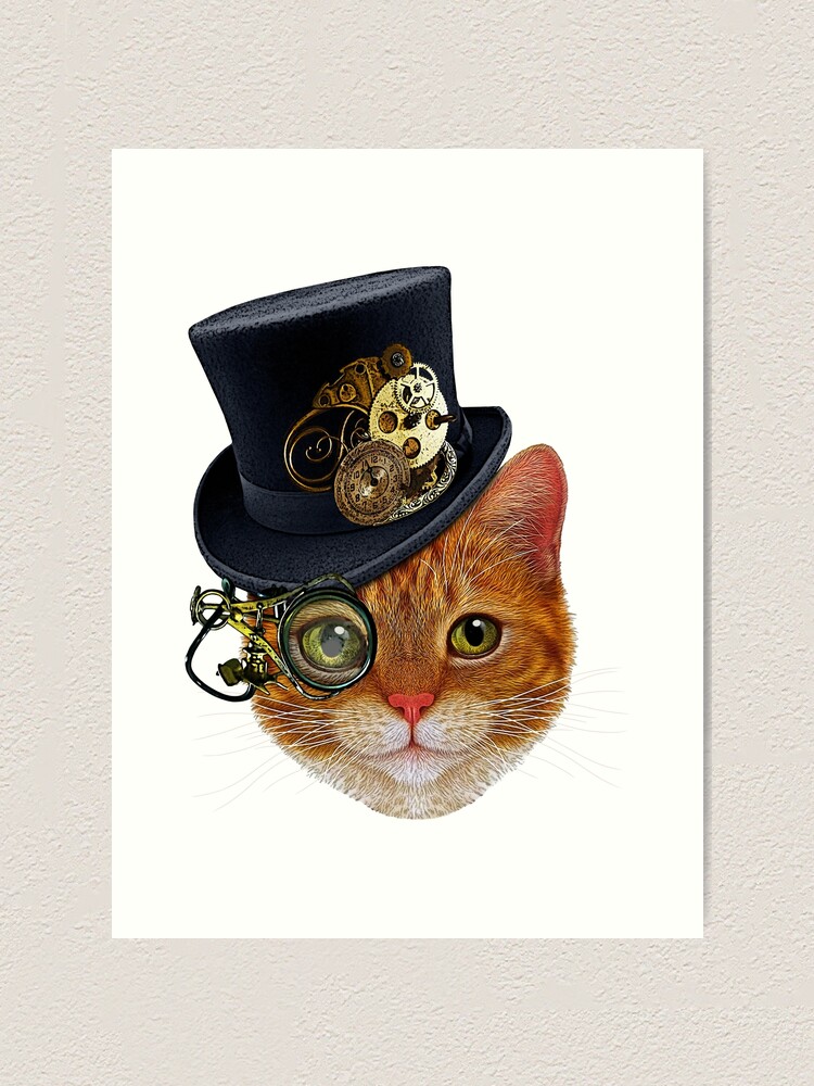 Impression Artistique Chat Orange Avec Chapeau Steampunk Et Monocle Par Sirleetees Redbubble