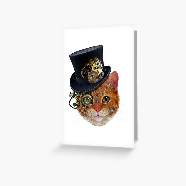 Chat orange avec chapeau Steampunk et Monocle Carte de vœux