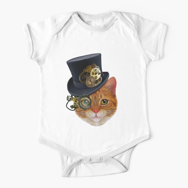 Orange Cat with Steampunk Hat and Monocle Short Sleeve Baby One-Piece