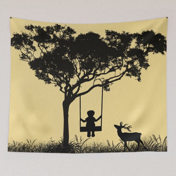 Item preview, Young kid playing in swing tied to tree with deer watching him in an outdoor designed and sold by abhishekarts.