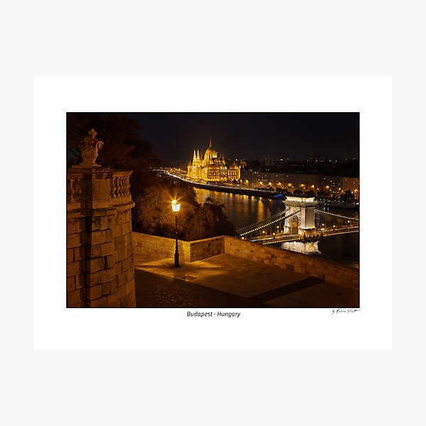 Looking down to the Danube river with parliament building and chain bridge in Budapest, Hungary Photographic Print