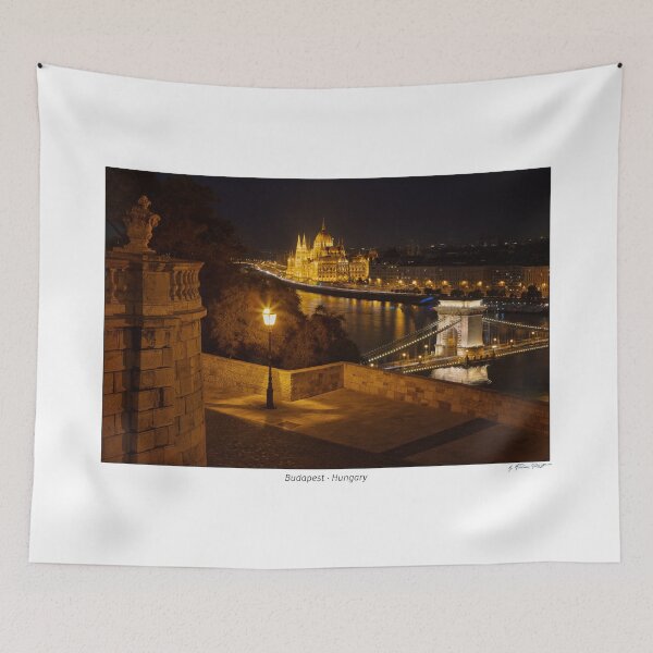 Item preview, Looking down to the Danube river with parliament building and chain bridge in Budapest, Hungary designed and sold by AndreasPrott.