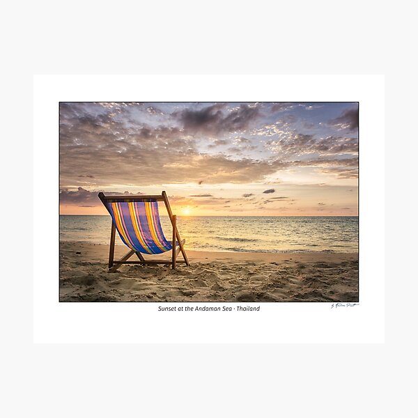 Empty deck chair at secluded beach during sunset, Andaman Sea, Thailand Photographic Print