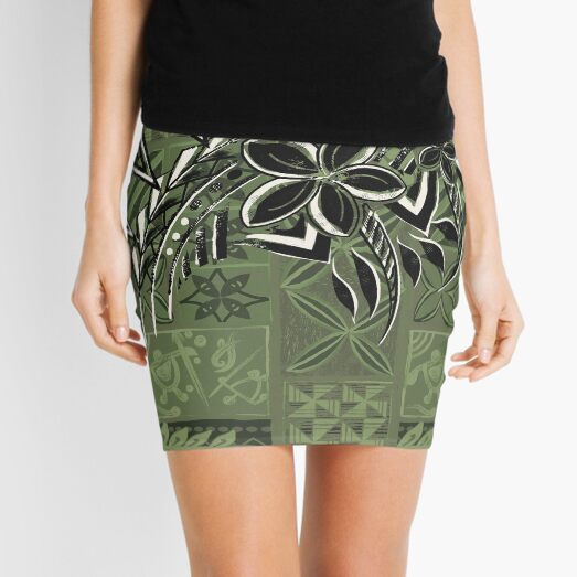 Vintage Olive Hawaiian Tribal Petrogyph Pattern Mini Skirt
