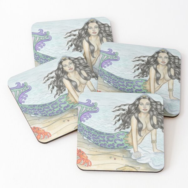 Item preview, Mermaid by the sea with little crab friend watercolor art by Laurie Leigh designed and sold by LaurieLeighArt.