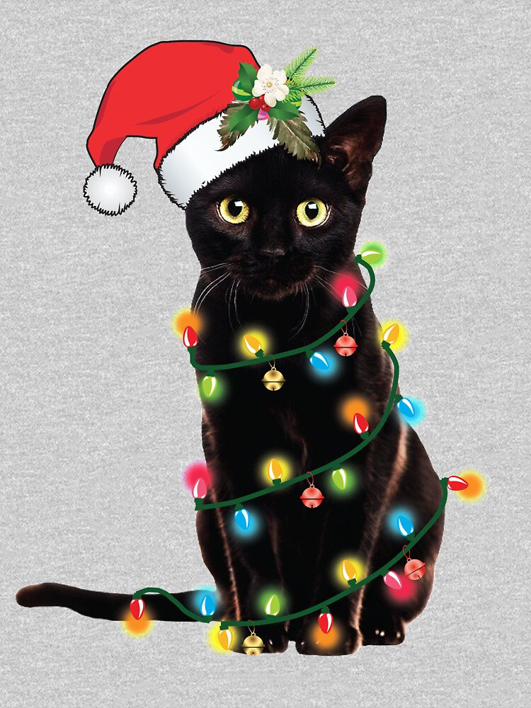 Black Santa Cat Tangled Up In Lights Christmas Santa by tronictees