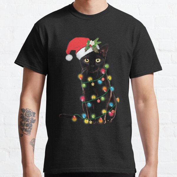 Black Santa Cat Tangled Up In Lights Christmas Santa Classic T-Shirt