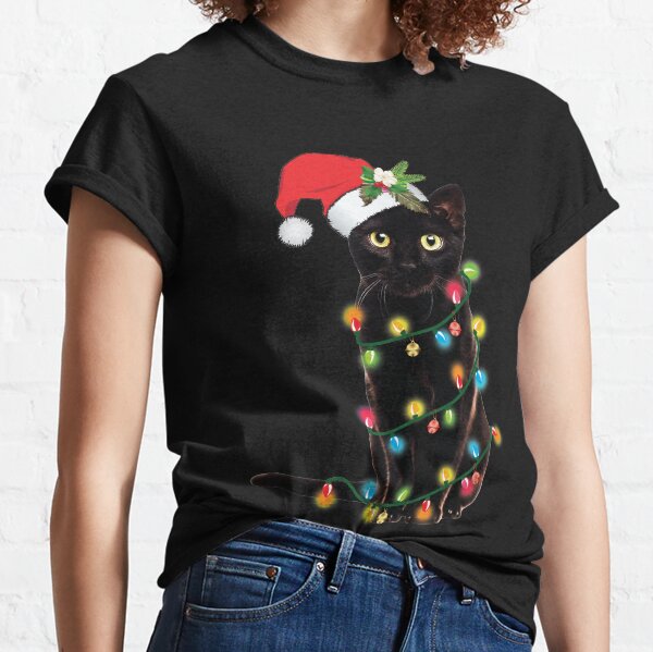 Black Santa Cat Tangled Up In Lights Christmas Santa Illustration Classic T-Shirt