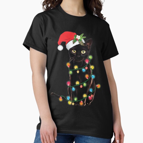 Artikel-Vorschau von Schwarze Weihnachtsmann-Katze, die sich in Lichtern verheddert, designt und verkauft von tronictees.