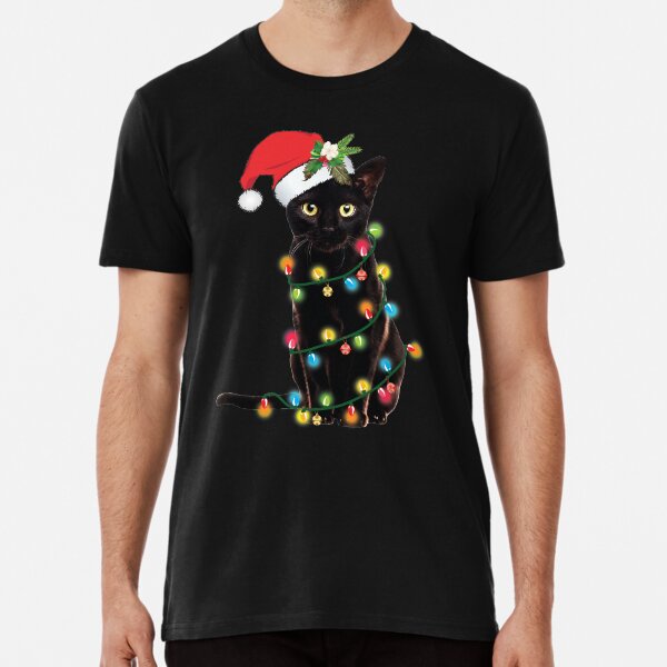 Aperçu de l'œuvre Chat noir du Père Noël emmêlé dans les lumières du Père Noël créée et vendue par tronictees.
