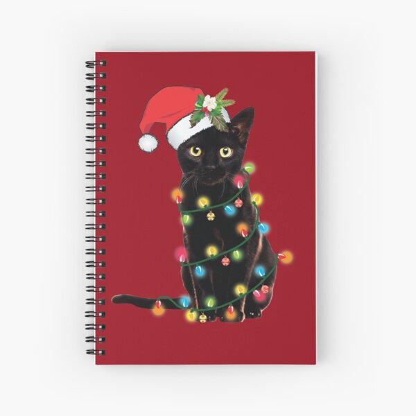 Black Santa Cat Tangled Up In Lights Christmas Santa Illustration Spiral Notebook