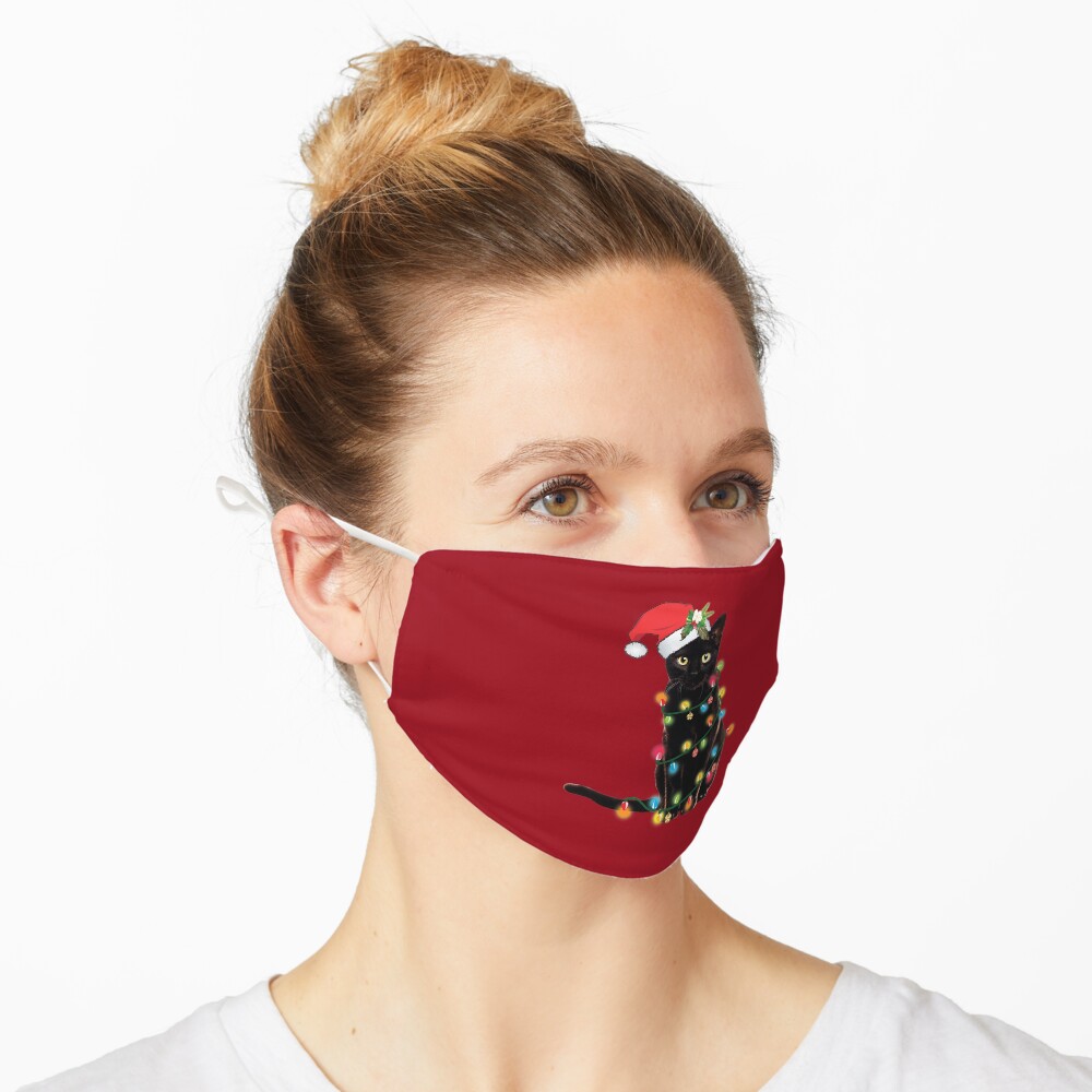 Black Santa Cat Tangled Up In Lights Christmas Santa Illustration Mask