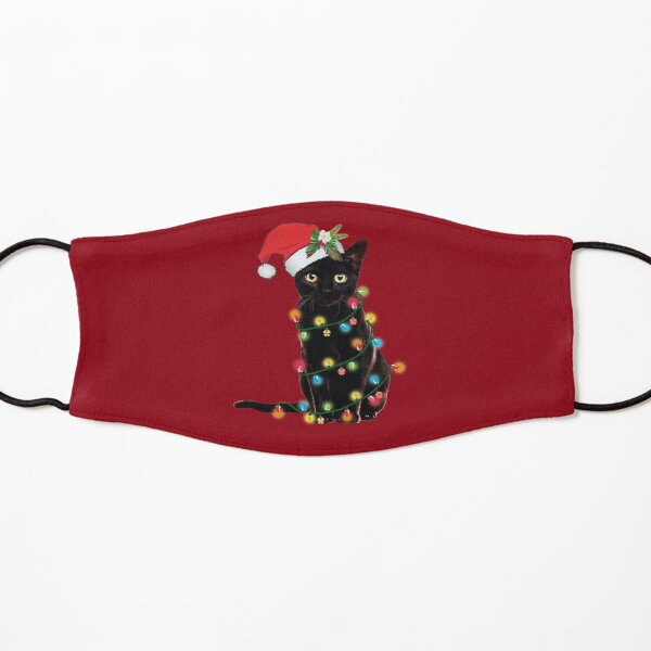 Black Santa Cat Tangled Up In Lights Christmas Santa Illustration Kids Mask