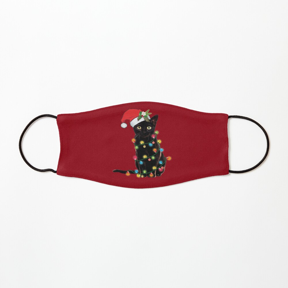 Black Santa Cat Tangled Up In Lights Christmas Santa Illustration Mask